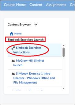 Content Browser display for Simbook Exercises Launch links