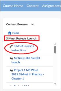 Display of Content Browser for SIMnet Projects Launch link