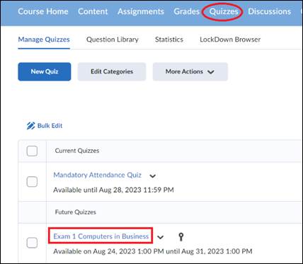 Printscreen of D2L showing the Quizzes and the first Exam.