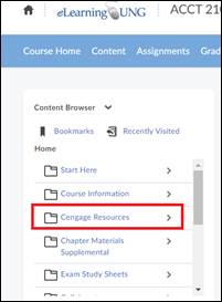 Cengage Resources highlighted in D2L