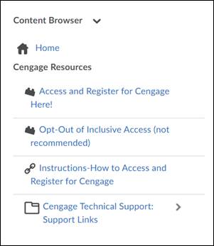 Cengage Resources list of links displayed under Home option of the Content Browser.