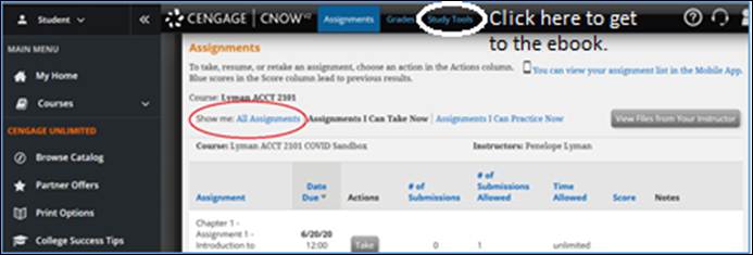 Assignment page in CengageNow with All Assignments circled in red and Study Tools circled in white.