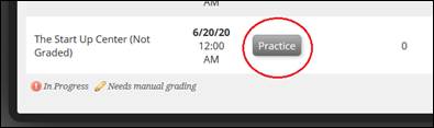 View of The Start Up Center link in the Student Dashboard with the Practice Button circled in red.