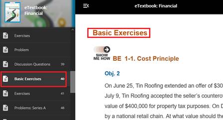 eBook Page 40 Basic Exercises BE 1-1 Cost principle displayed.