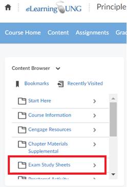 Image of Exam Study Sheets link in D2L